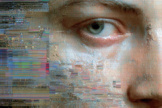 Closeup of a deepfake face that is glitching