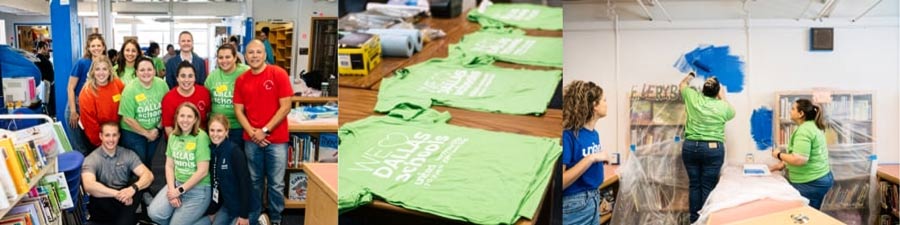 A group of smiling volunteers in a library; green t-shirts on a table; two people painting a wall blue. The tone is energetic and collaborative.